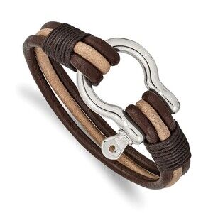 Kazi Luxury Steel Shackle Multi Str& Dark Brown & Tan Leather 8.25in Bracelet
